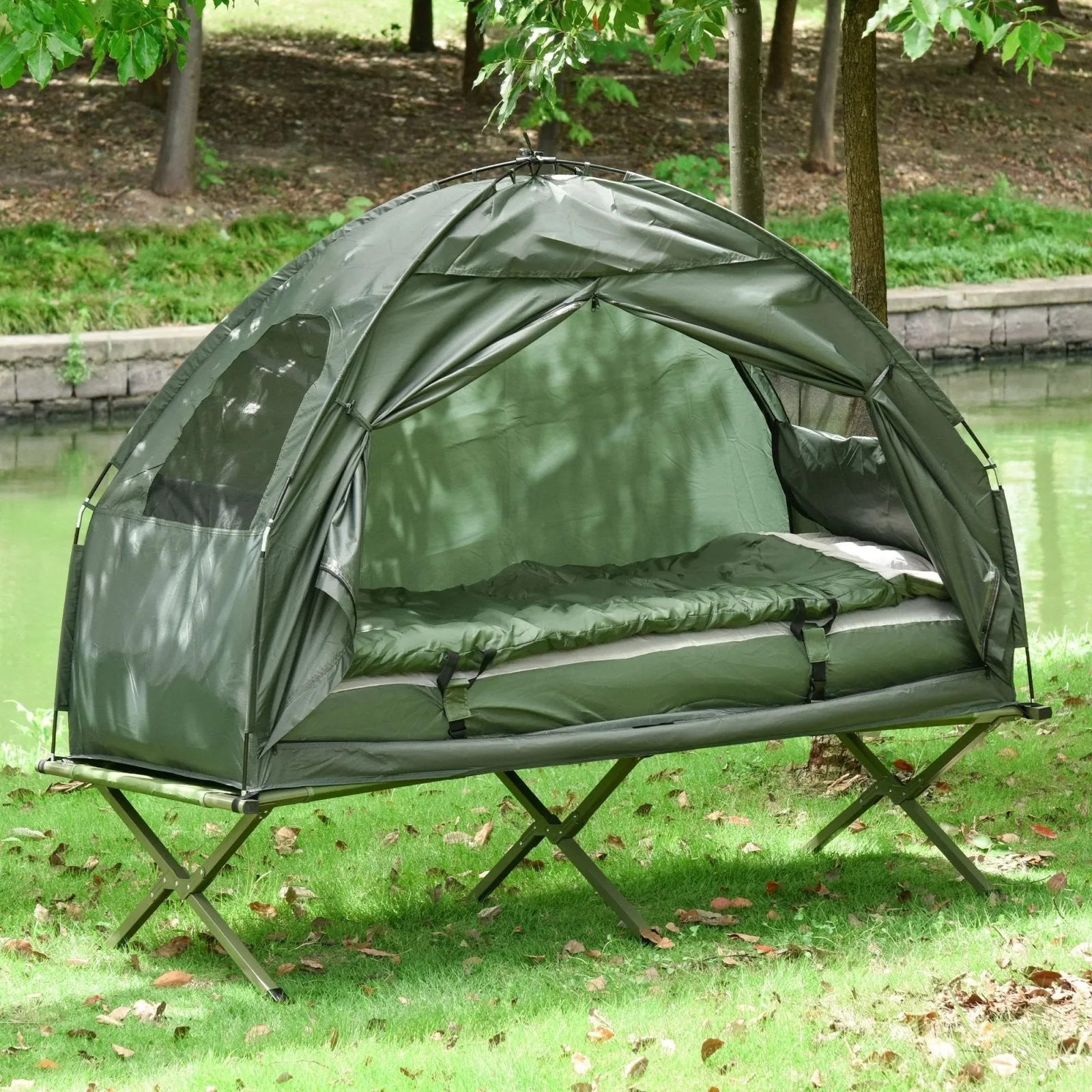 1 person Foldable Camping TentWithSleeping Bag Air Mattress Outdoor Hiking Picnic Bed cotWithFoot Pump