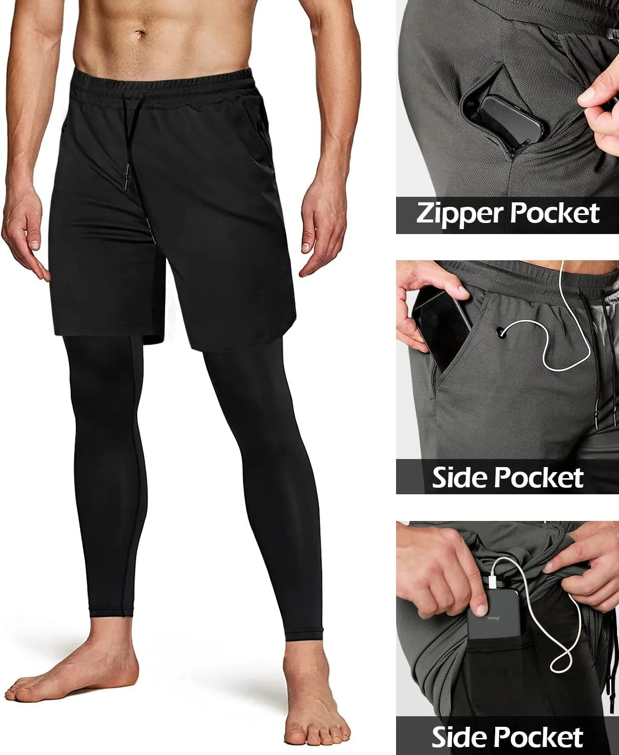 Aolesy Men's 2 in 1 Running Pants, Gym Workout Compression Pants for Men Training Athletic Pants