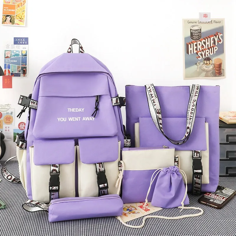 Backpack Five-Piece Schoolbag Fashion Korean   Junior High School Student Schoolboy   Middle School Student
