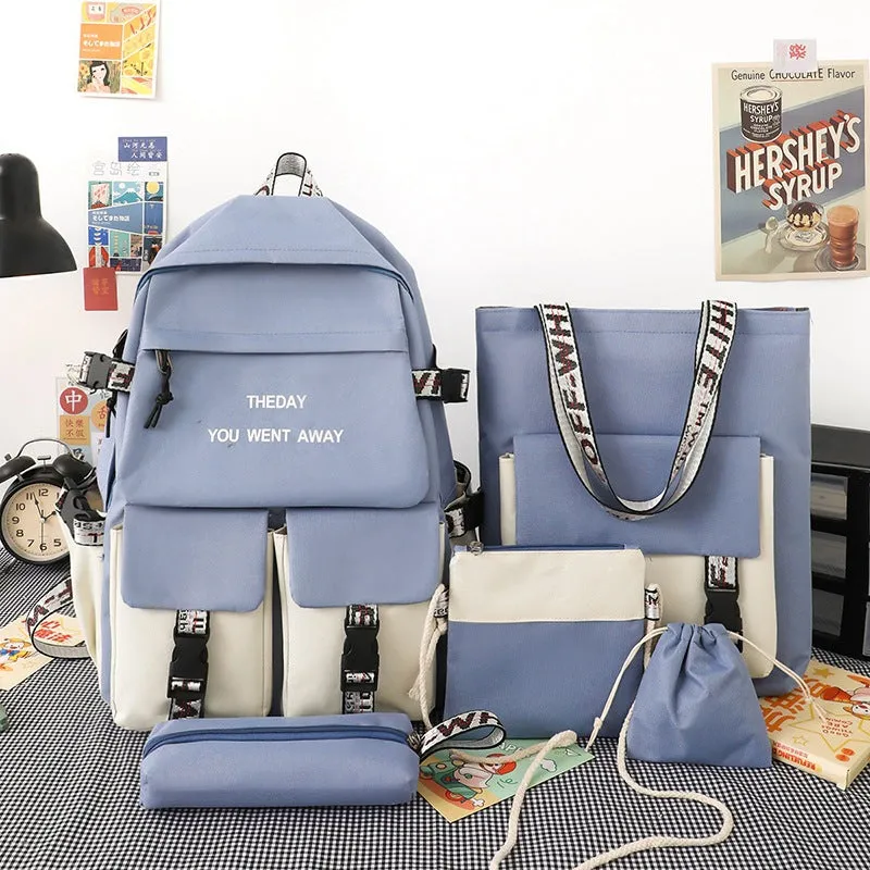 Backpack Five-Piece Schoolbag Fashion Korean   Junior High School Student Schoolboy   Middle School Student