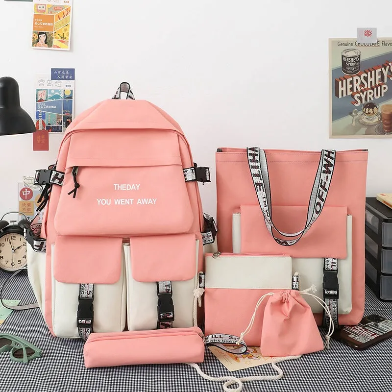 Backpack Five-Piece Schoolbag Fashion Korean   Junior High School Student Schoolboy   Middle School Student