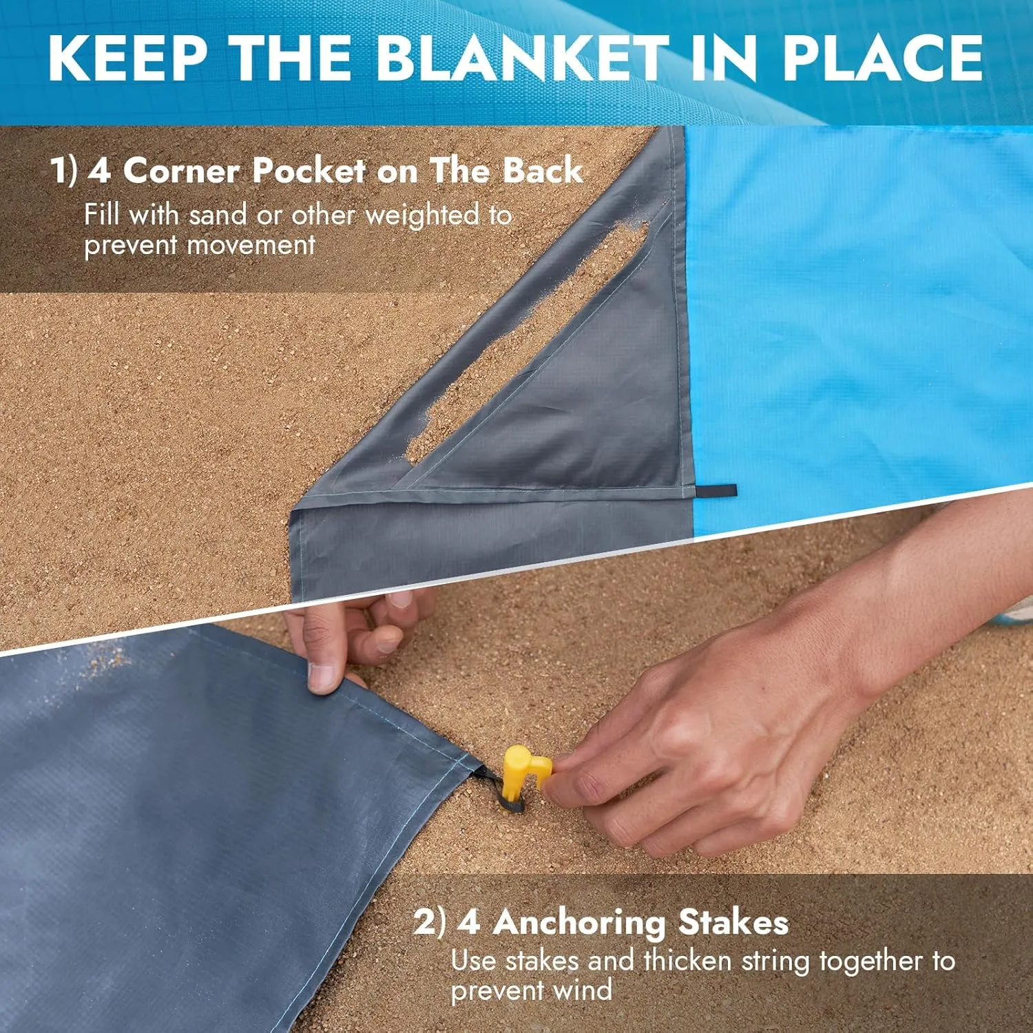Beach Blanket Waterproof Sandproof: Beach Mat Sand Free Waterproof Sand Picnic Blanket with 4 Stakes & 4 Corner Pocket Blanket Beach Essentials for Travel Camping, 82.778.7 Blue L