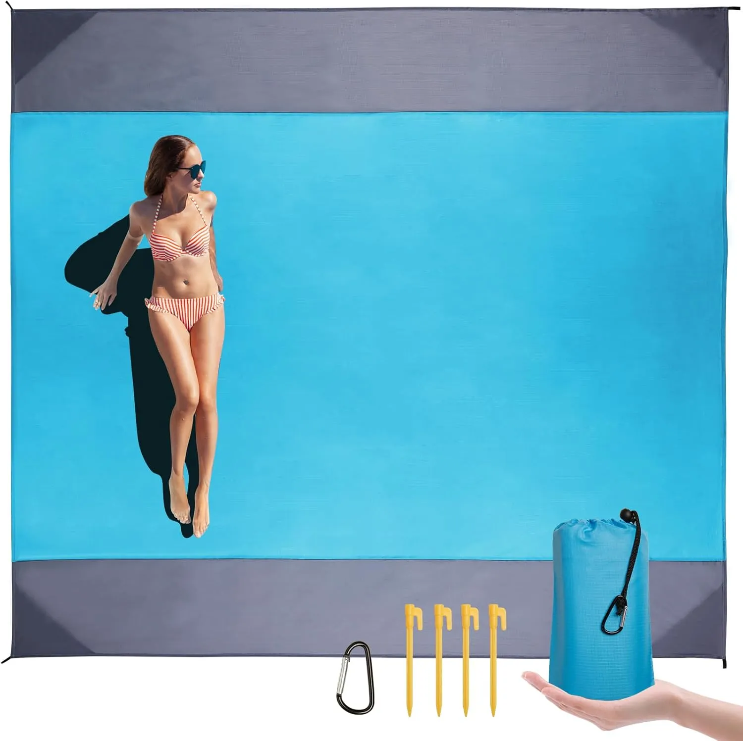 Beach Blanket Waterproof Sandproof: Beach Mat Sand Free Waterproof Sand Picnic Blanket with 4 Stakes & 4 Corner Pocket Blanket Beach Essentials for Travel Camping, 82.778.7 Blue L