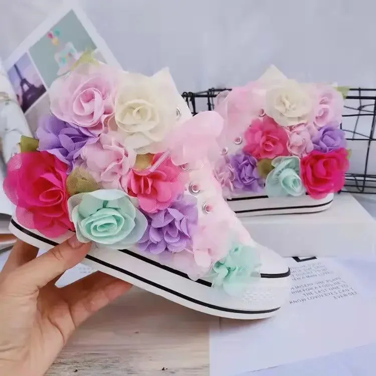 binfenxie  -  Women's Sports Shoes High-top Canvas Shoes Sweet Lace-up Shoes for Women White / Black Flowers Student Pretty Fairy Sneakers