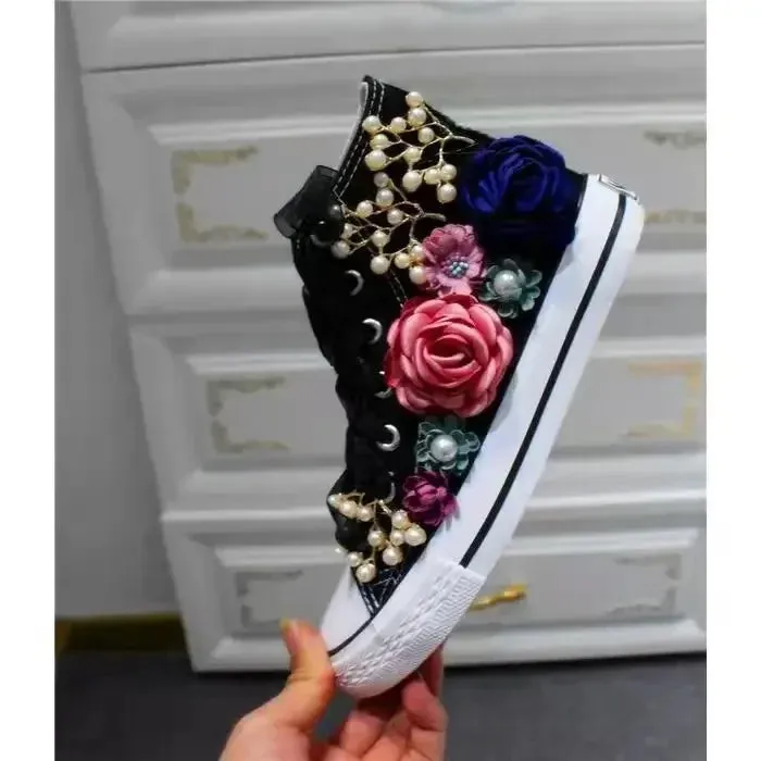 binfenxie  -  Women's Sports Shoes High-top Canvas Shoes Sweet Lace-up Shoes for Women White / Black Flowers Student Pretty Fairy Sneakers