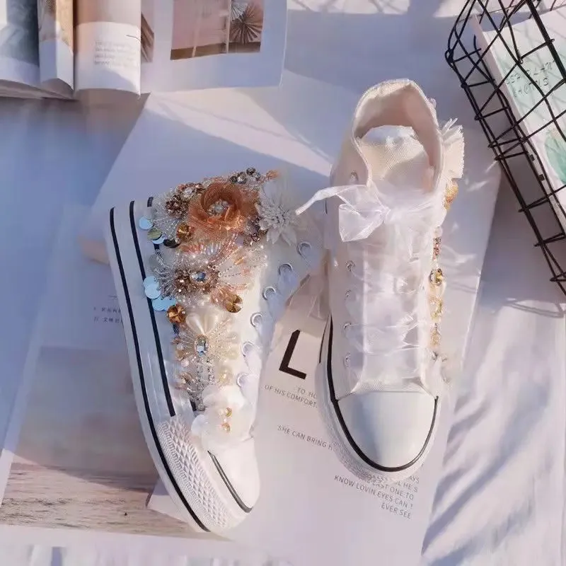 binfenxie  -  Women's Sports Shoes High-top Canvas Shoes Sweet Lace-up Shoes for Women White / Black Flowers Student Pretty Fairy Sneakers