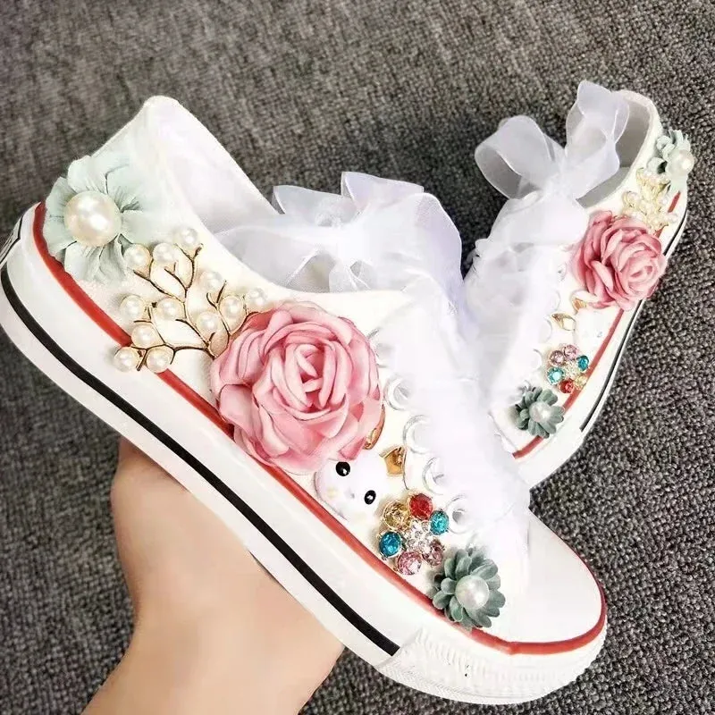 binfenxie  -  Women's Sports Shoes High-top Canvas Shoes Sweet Lace-up Shoes for Women White / Black Flowers Student Pretty Fairy Sneakers