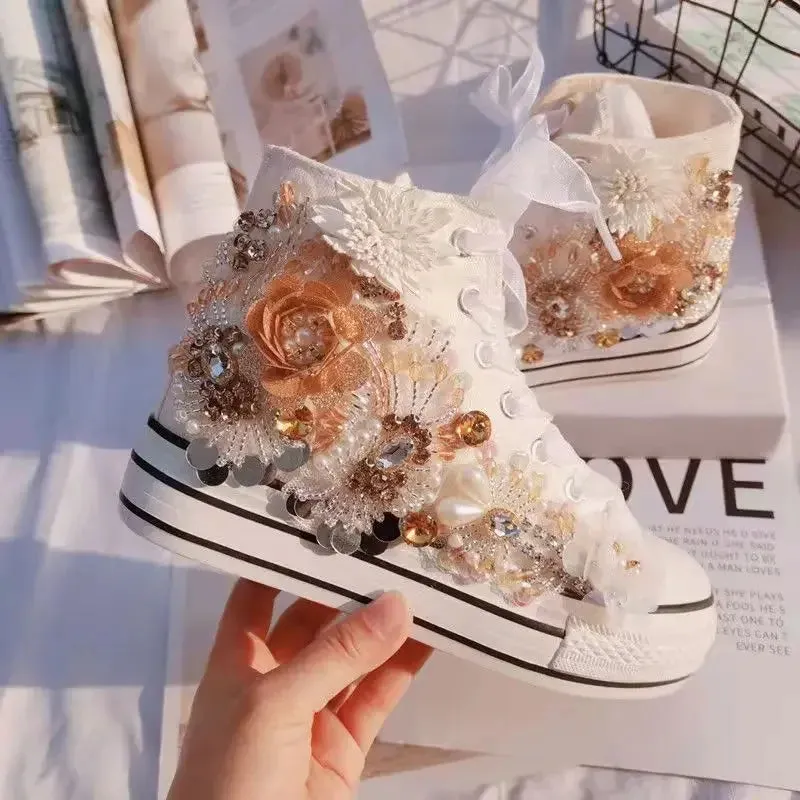binfenxie  -  Women's Sports Shoes High-top Canvas Shoes Sweet Lace-up Shoes for Women White / Black Flowers Student Pretty Fairy Sneakers