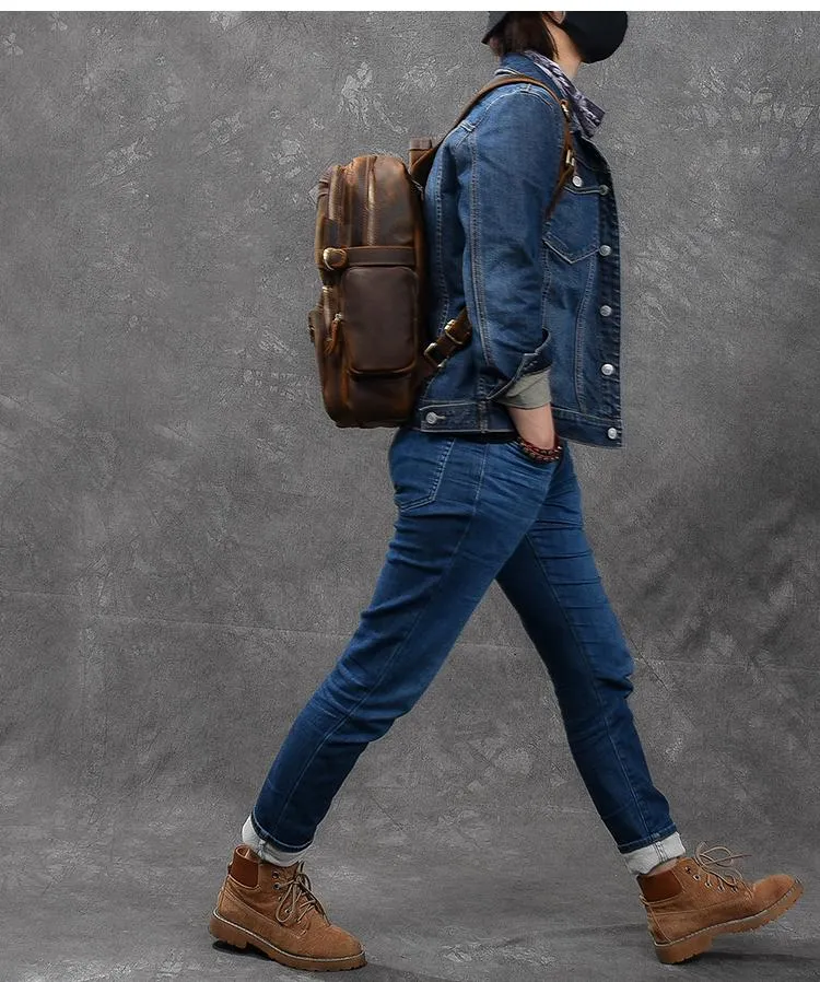 Brown Leather Mens 14" Laptop Hiking Backpack Travel Backpack College Backpack for Men