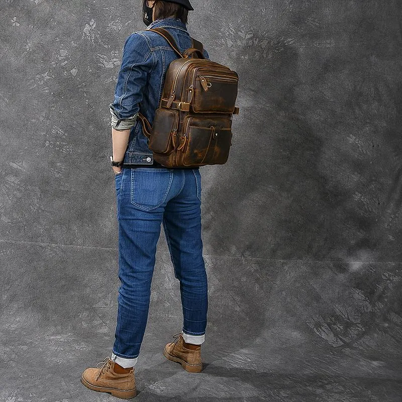 Brown Leather Mens 14" Laptop Hiking Backpack Travel Backpack College Backpack for Men