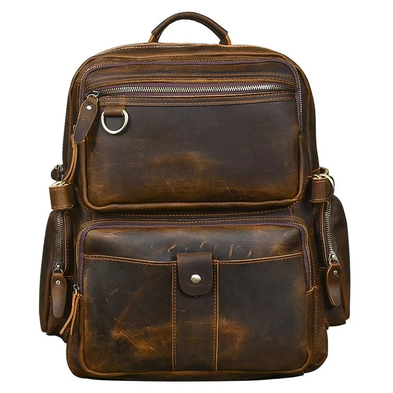 Brown Leather Mens 14" Laptop Hiking Backpack Travel Backpack College Backpack for Men
