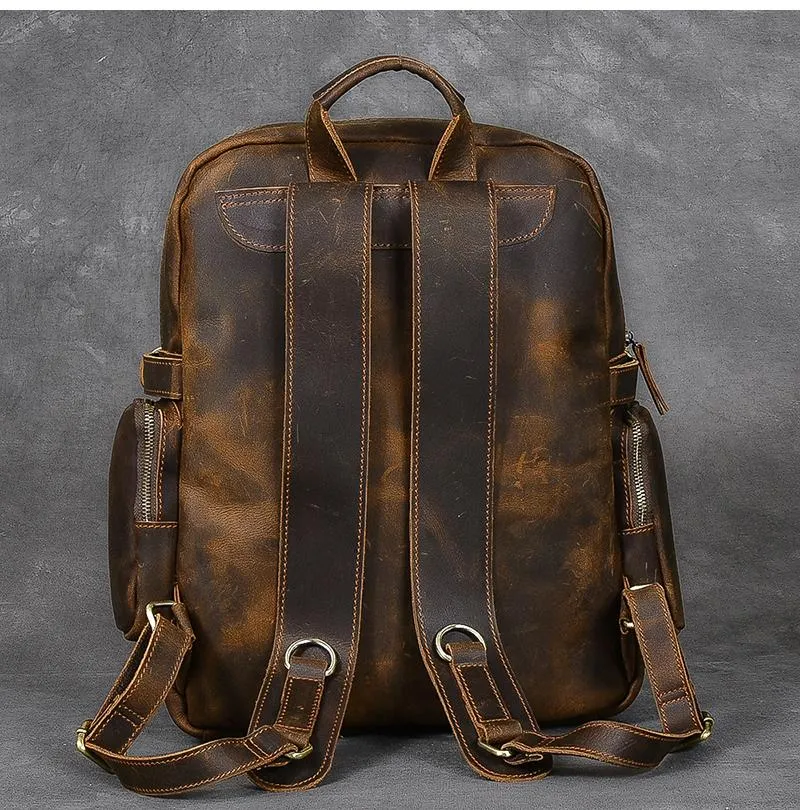 Brown Leather Mens 14" Laptop Hiking Backpack Travel Backpack College Backpack for Men