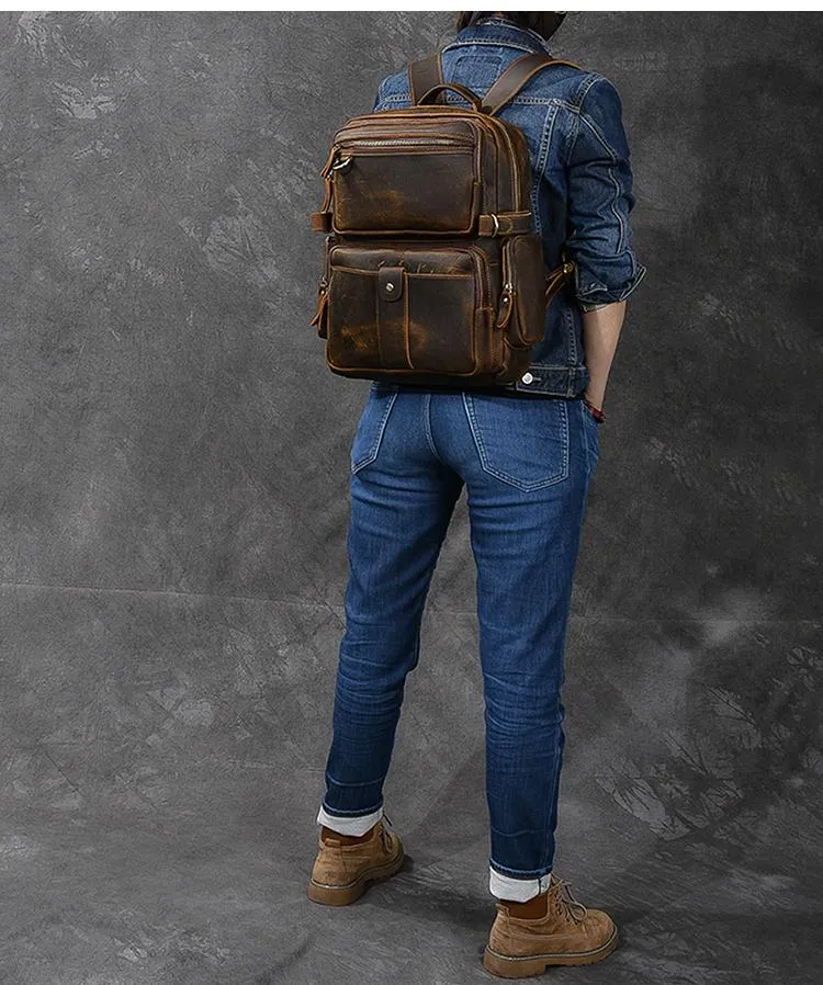 Brown Leather Mens 14" Laptop Hiking Backpack Travel Backpack College Backpack for Men