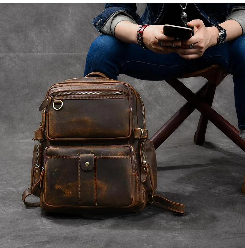 Brown Leather Mens 14" Laptop Hiking Backpack Travel Backpack College Backpack for Men