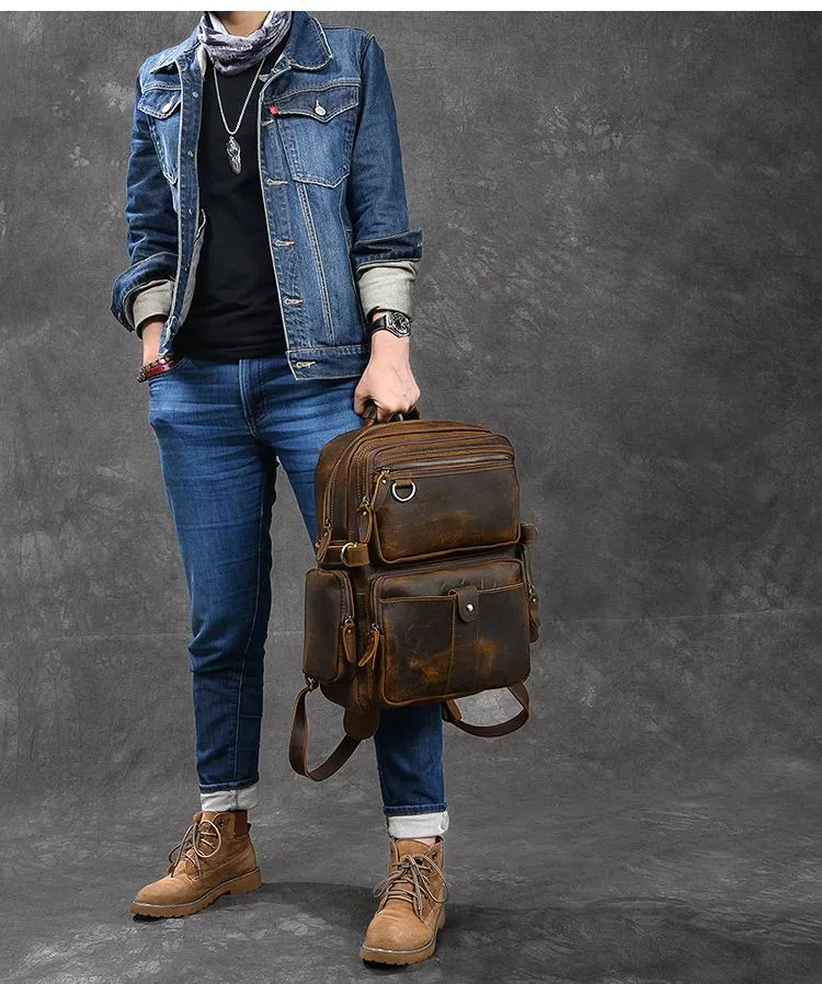Brown Leather Mens 14" Laptop Hiking Backpack Travel Backpack College Backpack for Men