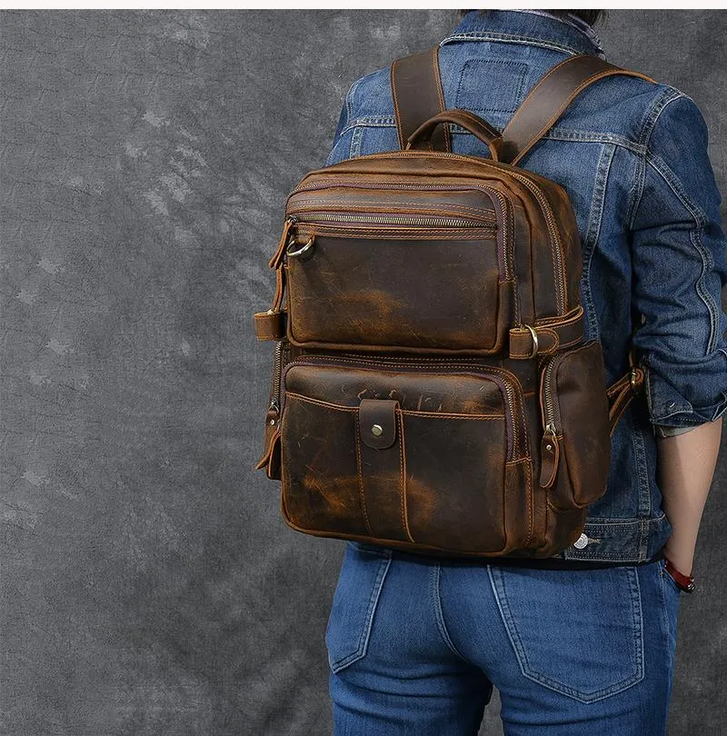 Brown Leather Mens 14" Laptop Hiking Backpack Travel Backpack College Backpack for Men