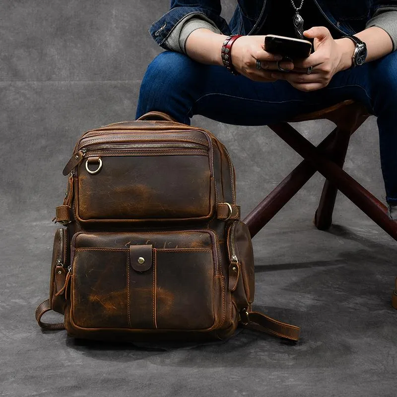 Brown Leather Mens 14" Laptop Hiking Backpack Travel Backpack College Backpack for Men