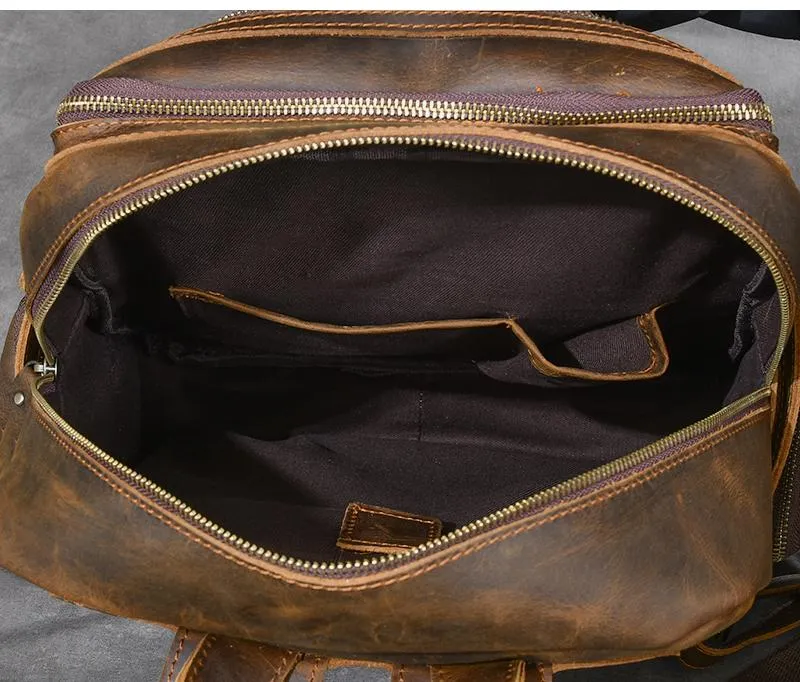 Brown Leather Mens 14" Laptop Hiking Backpack Travel Backpack College Backpack for Men