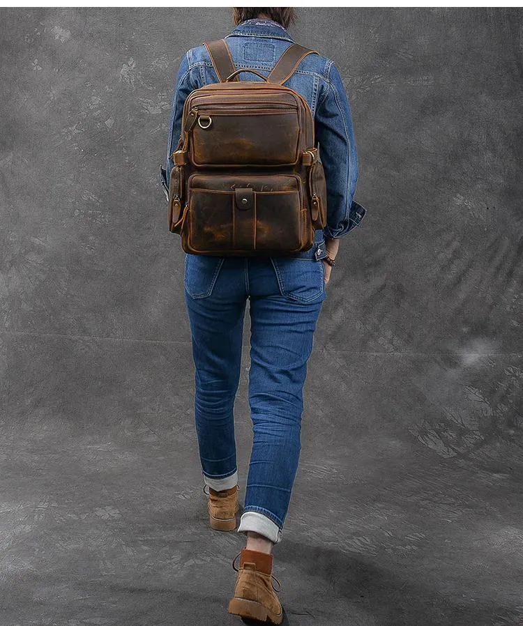 Brown Leather Mens 14" Laptop Hiking Backpack Travel Backpack College Backpack for Men