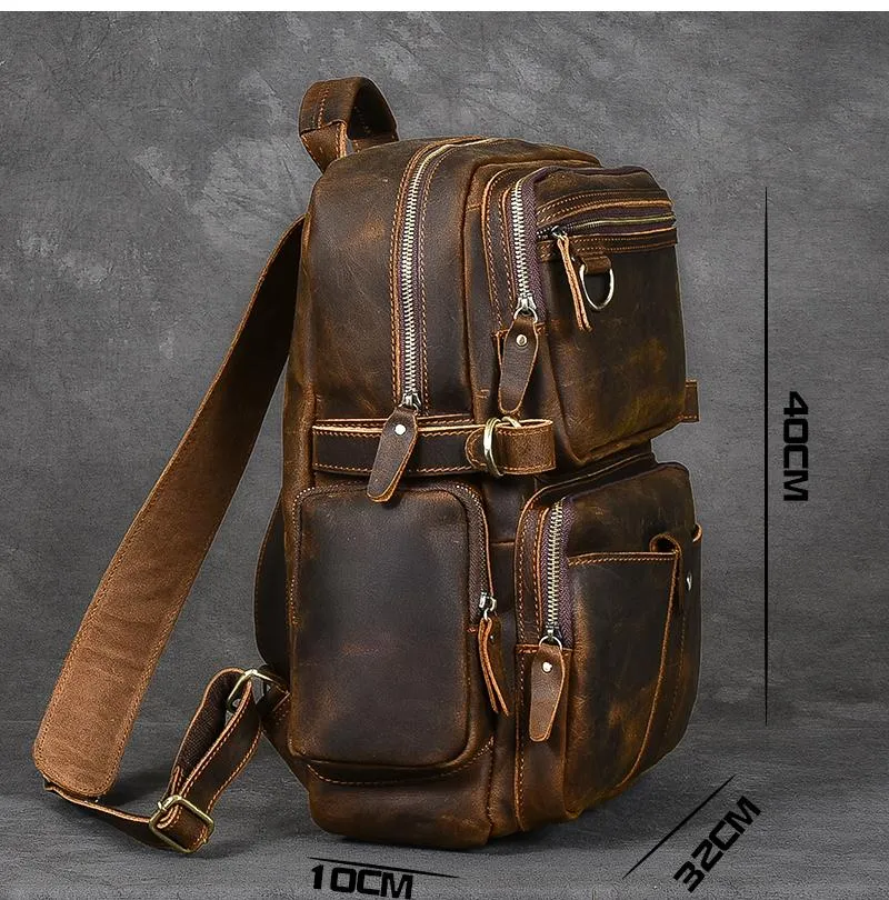 Brown Leather Mens 14" Laptop Hiking Backpack Travel Backpack College Backpack for Men