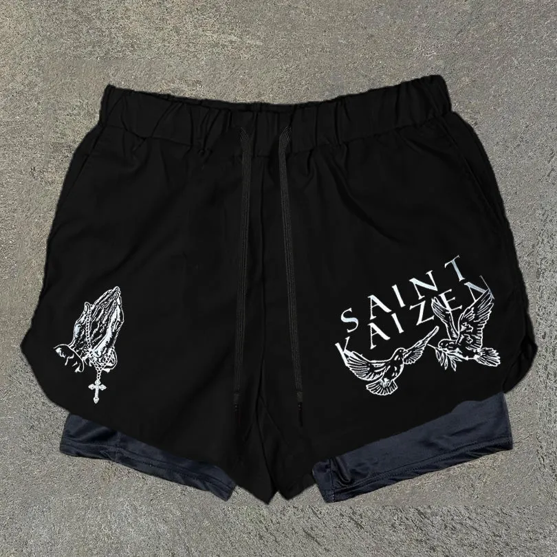 Casual Mix Print Double Layer Quick Dry Shorts