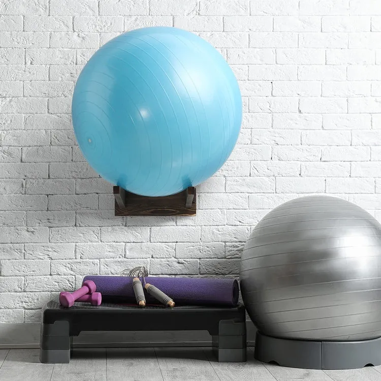 Dark Brown Burnt Wood Wall Mounted Yoga, Medicine, Stability, Exercise Ball Storage Rack