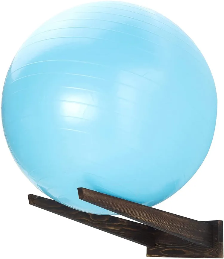 Dark Brown Burnt Wood Wall Mounted Yoga, Medicine, Stability, Exercise Ball Storage Rack