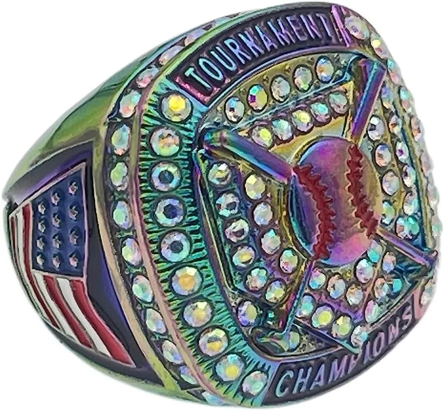 Discount Sports Rings HOME PLATE CHAMPION RING ??RAINBOW BODY, PRISMATIC STONE, RAINBOW PAINT Premium Softball Baseball Ring/Player/Team Awards/Tournament Ring