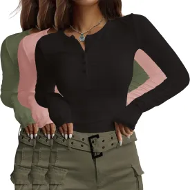 Ekouaer Women's Long Sleeve Shirts 3 Packs Henley Button Down Tops Ribbed Slim Fit Base Layer Soft Thermal Tee