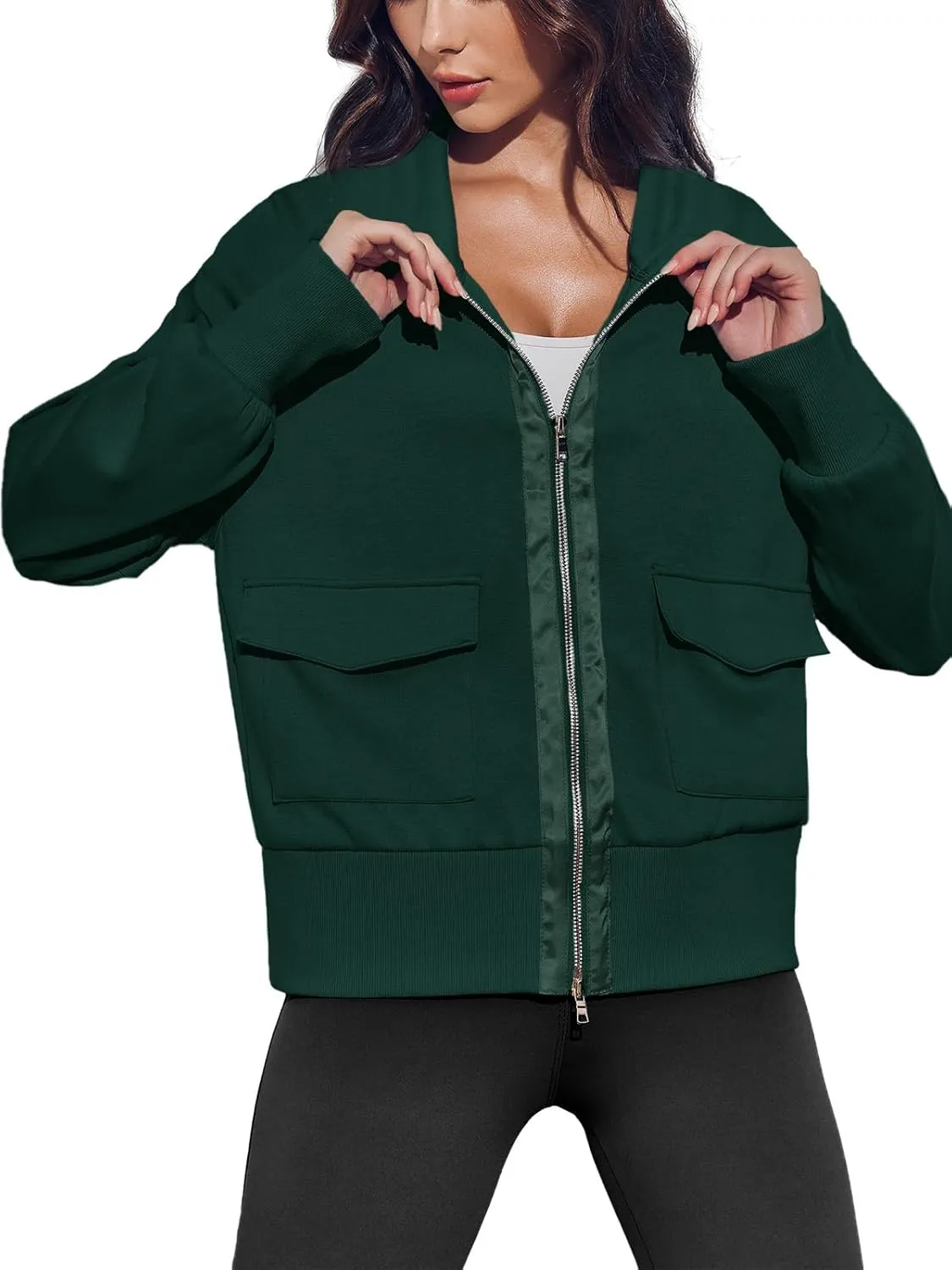 Fisoew Women's Zip up Sweatshirt Collared Neck Long Sleeve Loose Casual Lightweight Jacket with Pockets