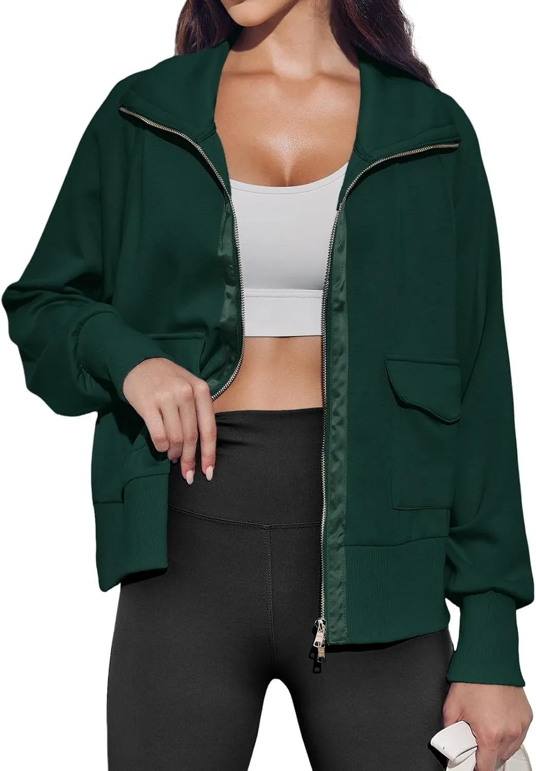 Fisoew Women's Zip up Sweatshirt Collared Neck Long Sleeve Loose Casual Lightweight Jacket with Pockets