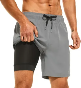 HODOSPORTS Mens Swimsuit Trunks 7" Quick-Dry Swim Shorts with Compression Liner and Zipper Pockets