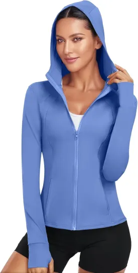 Hooded Women's Athletic Full Zip Lightweight Workout Jacket with Pockets and Thumb Holes