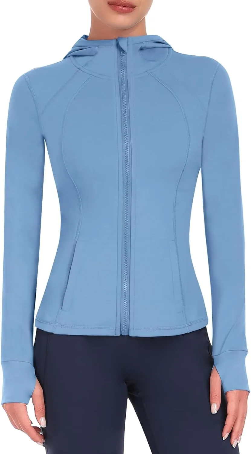 Hooded Women's Athletic Full Zip Lightweight Workout Jacket with Pockets and Thumb Holes