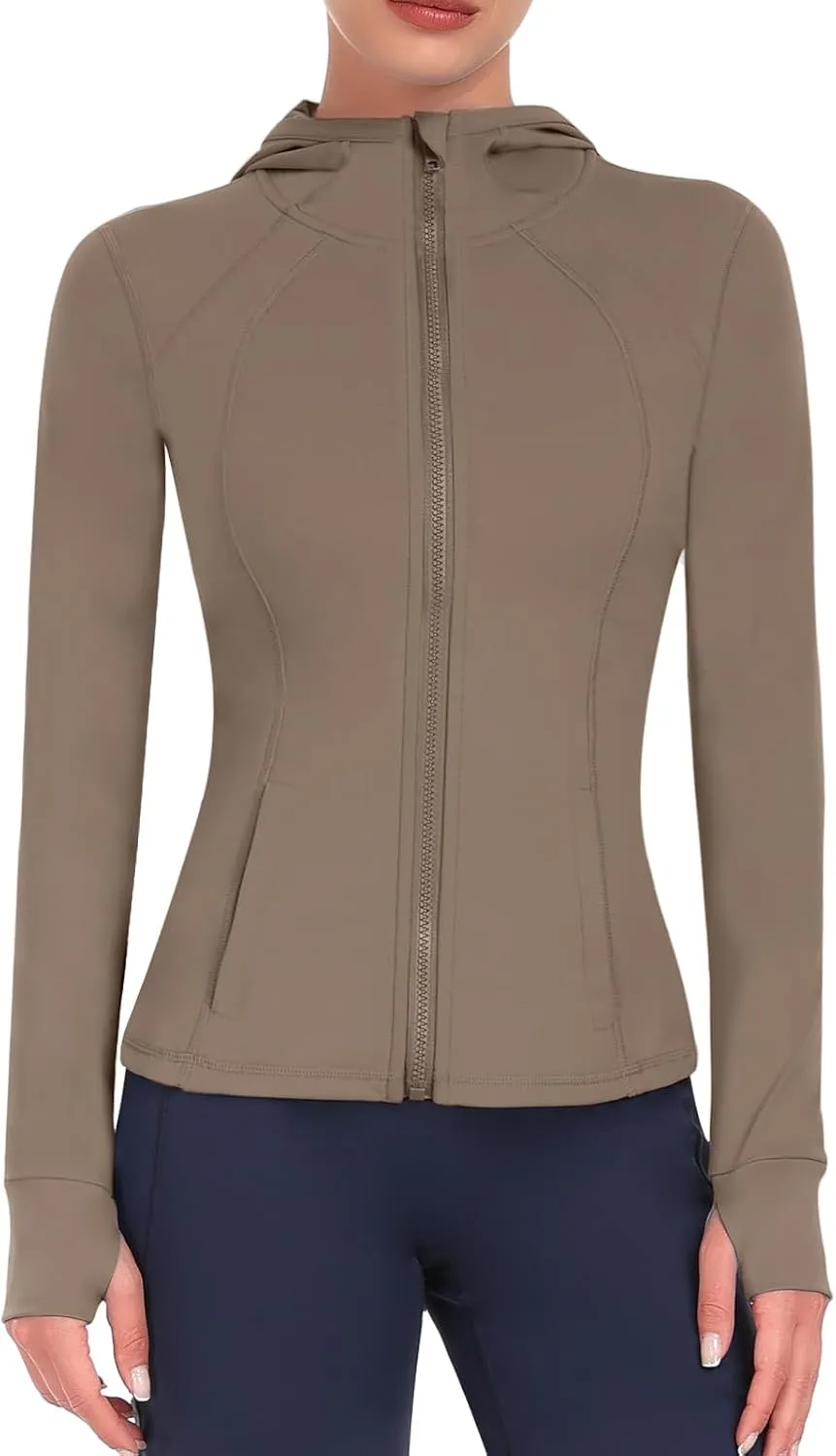 Hooded Women's Athletic Full Zip Lightweight Workout Jacket with Pockets and Thumb Holes