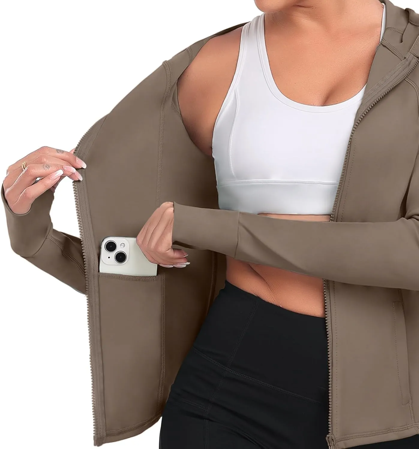 Hooded Women's Athletic Full Zip Lightweight Workout Jacket with Pockets and Thumb Holes