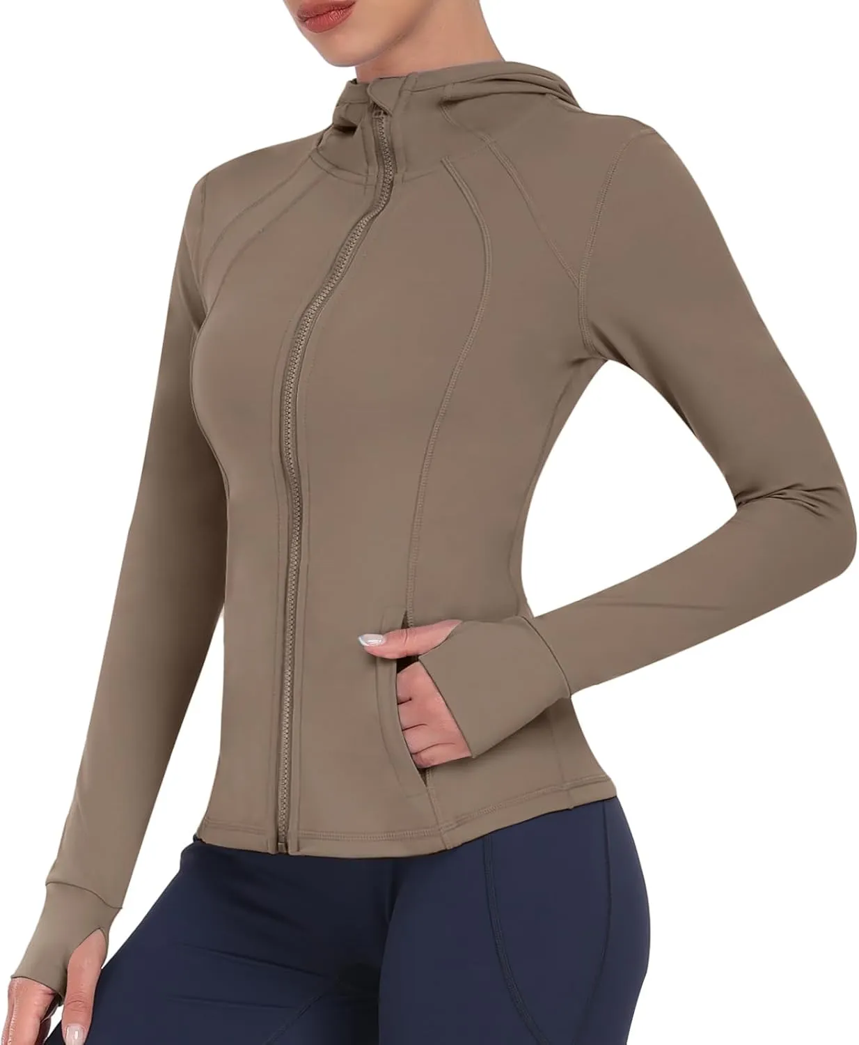 Hooded Women's Athletic Full Zip Lightweight Workout Jacket with Pockets and Thumb Holes