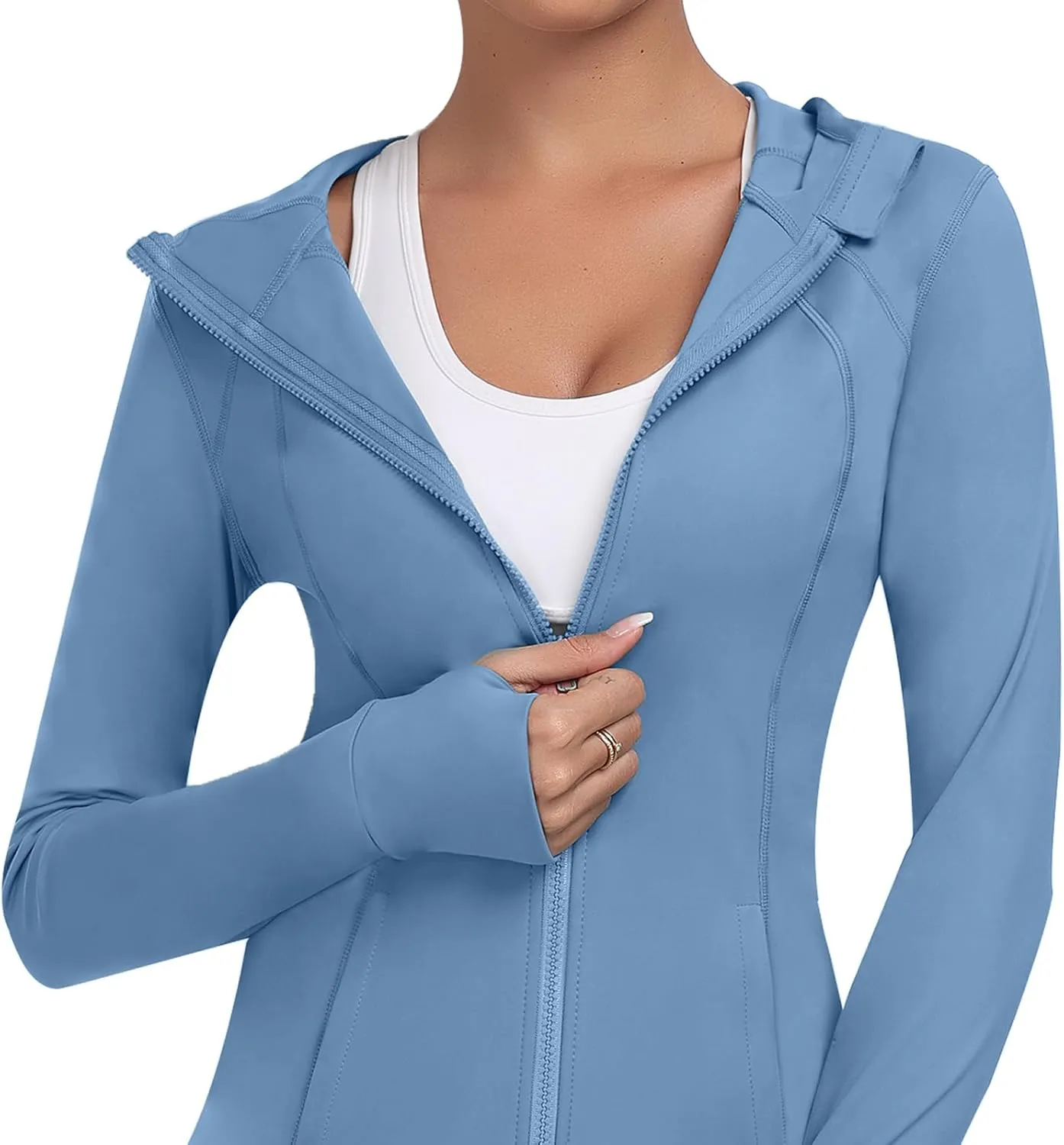 Hooded Women's Athletic Full Zip Lightweight Workout Jacket with Pockets and Thumb Holes