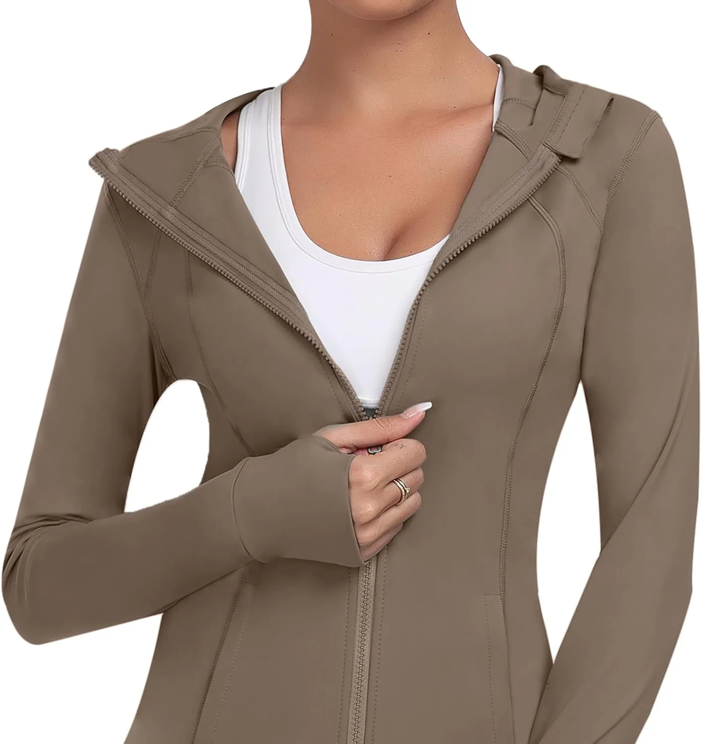 Hooded Women's Athletic Full Zip Lightweight Workout Jacket with Pockets and Thumb Holes
