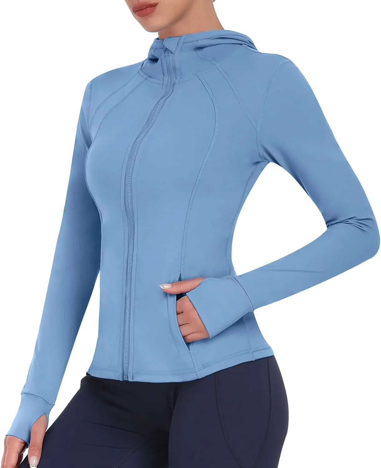 Hooded Women's Athletic Full Zip Lightweight Workout Jacket with Pockets and Thumb Holes