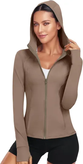 Hooded Women's Athletic Full Zip Lightweight Workout Jacket with Pockets and Thumb Holes