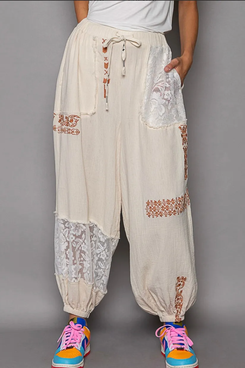 I’m So Fly Gauze   Lace Embroidered Slouchy Jogger Pants