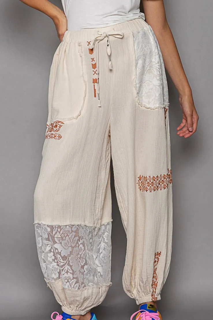 I’m So Fly Gauze   Lace Embroidered Slouchy Jogger Pants
