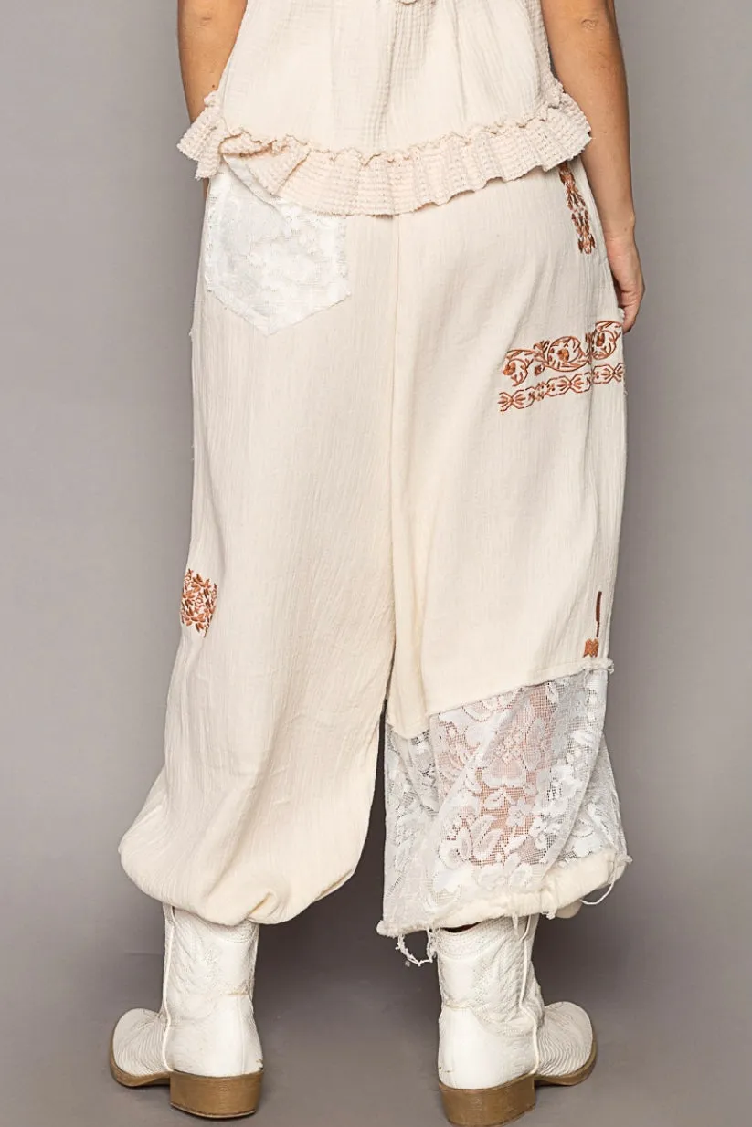 I’m So Fly Gauze   Lace Embroidered Slouchy Jogger Pants