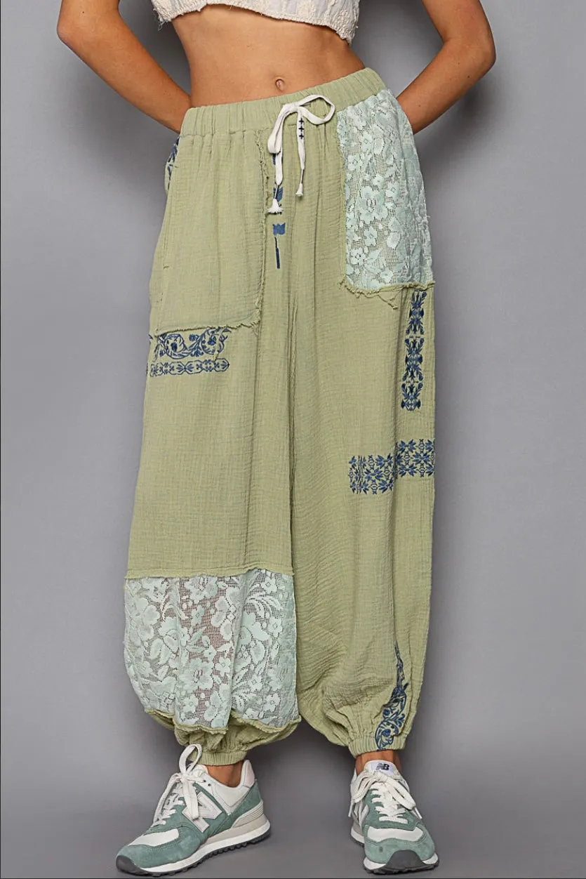 I’m So Fly Gauze   Lace Embroidered Slouchy Jogger Pants
