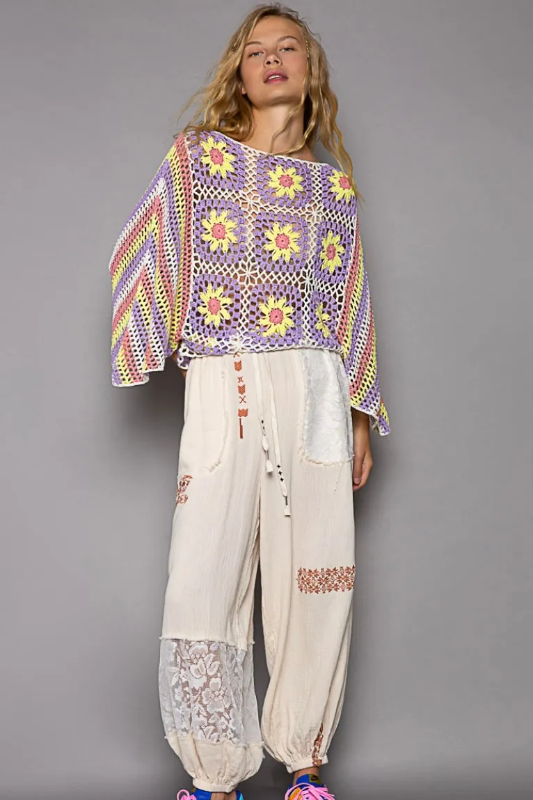 I’m So Fly Gauze   Lace Embroidered Slouchy Jogger Pants