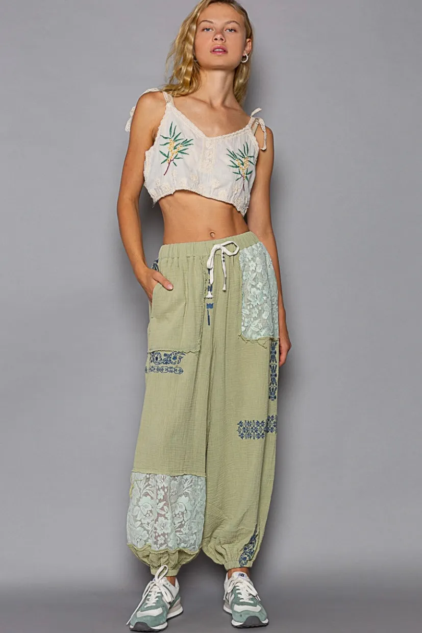 I’m So Fly Gauze   Lace Embroidered Slouchy Jogger Pants