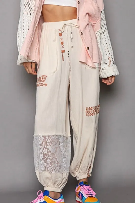 I’m So Fly Gauze   Lace Embroidered Slouchy Jogger Pants