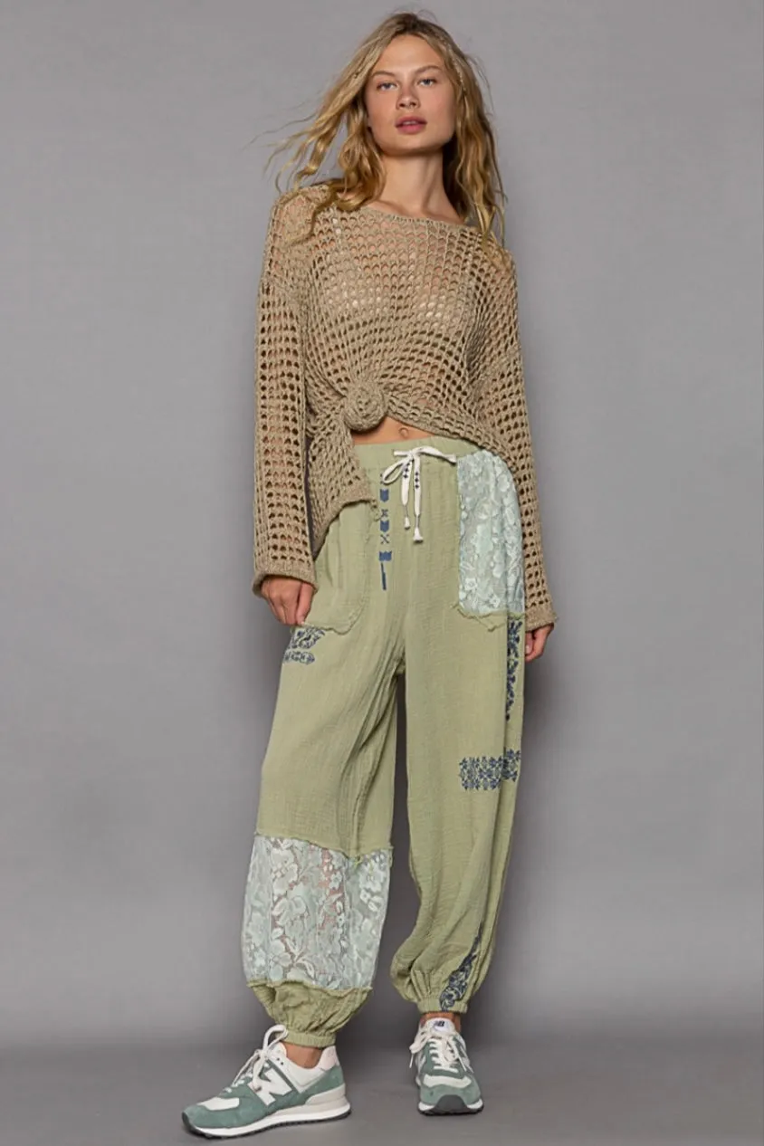 I’m So Fly Gauze   Lace Embroidered Slouchy Jogger Pants