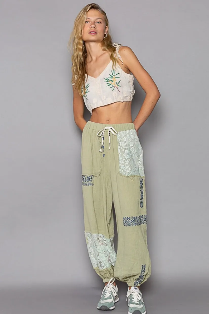 I’m So Fly Gauze   Lace Embroidered Slouchy Jogger Pants